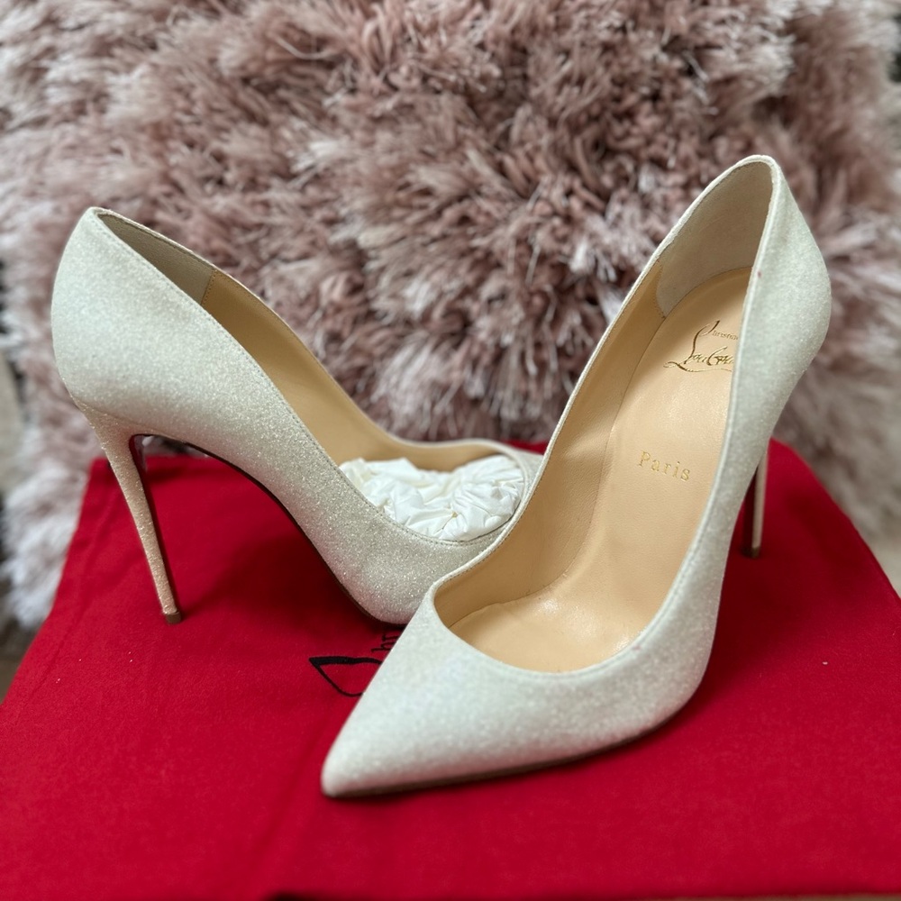 Christian Louboutin Ivory Glitter Pointed-Toe Stiletto Pumps
